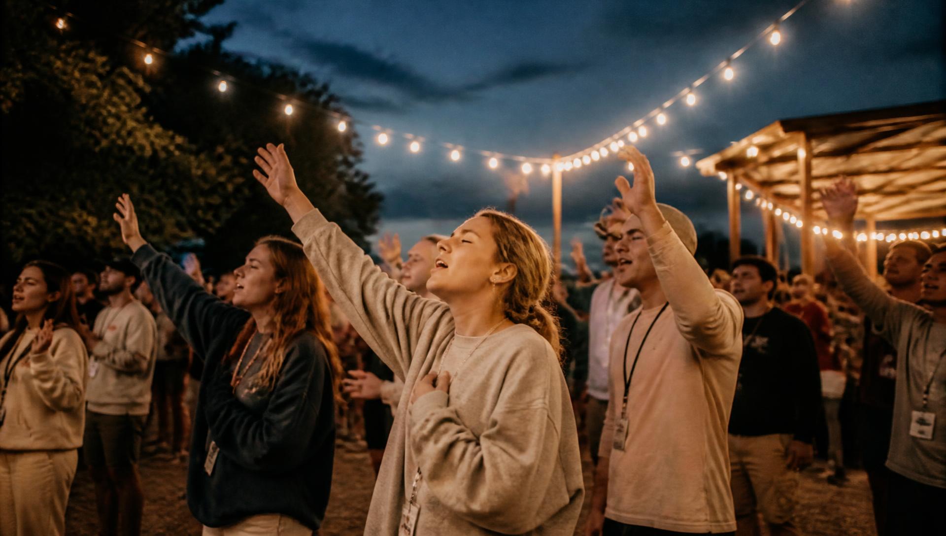 Outdoor worship gathering at dusk with hands raised under string lights